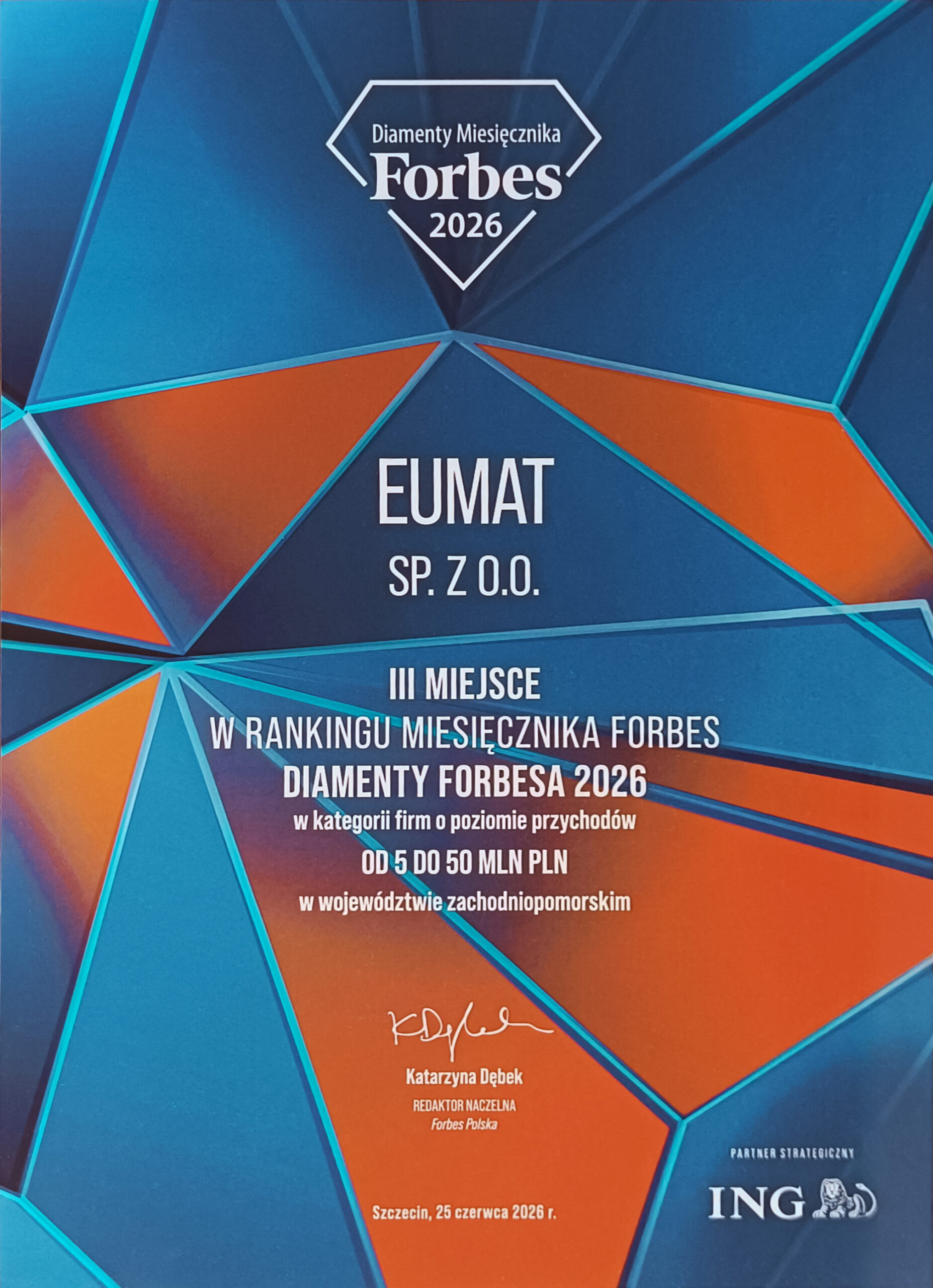EUMAT Sp. z o.o. w gronie laureatów Diamentów Forbesa 2026 dyplom
